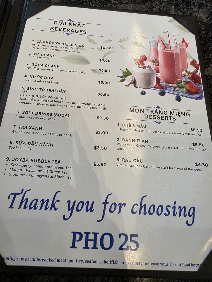 Pho 25 menu board