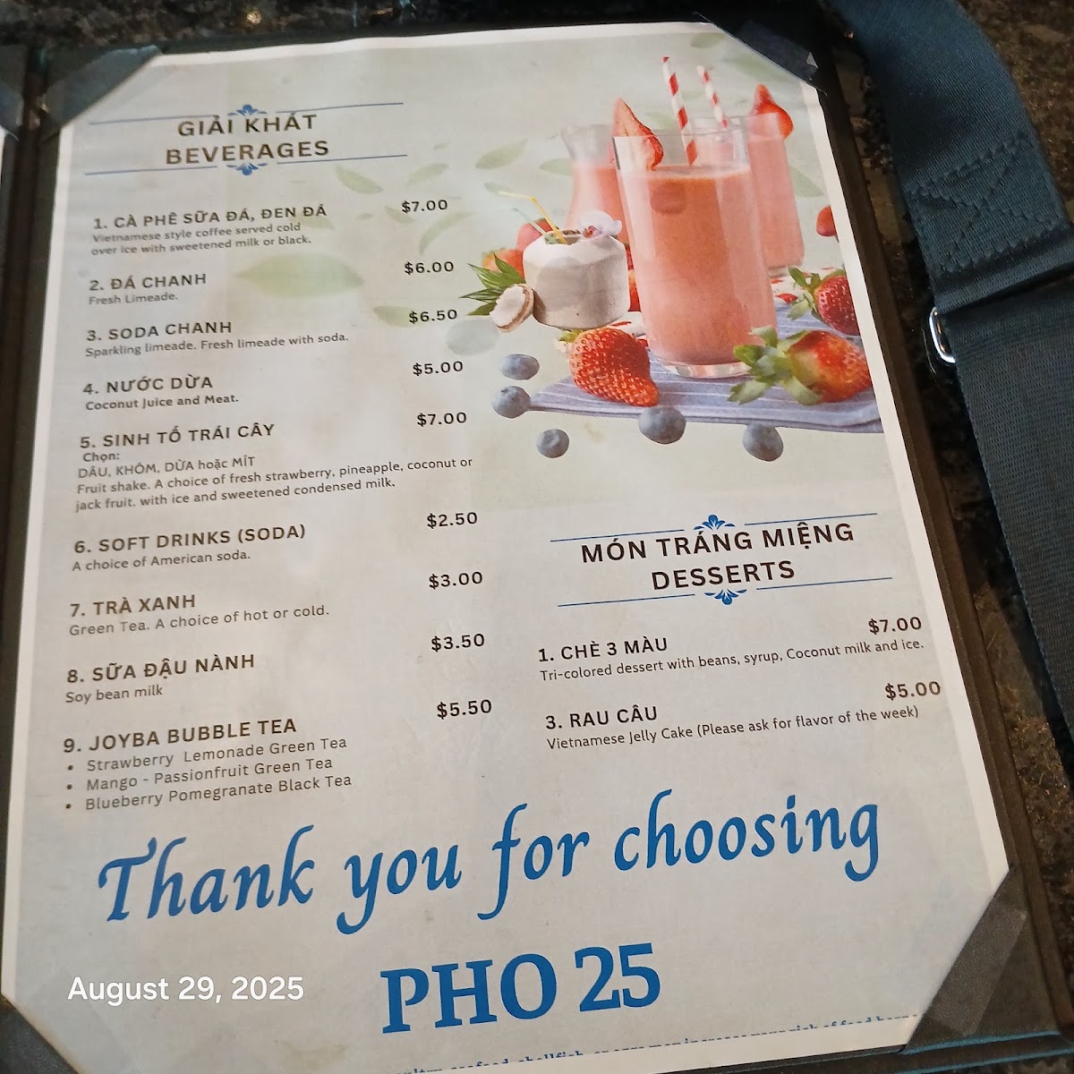 Pho 25 menu board
