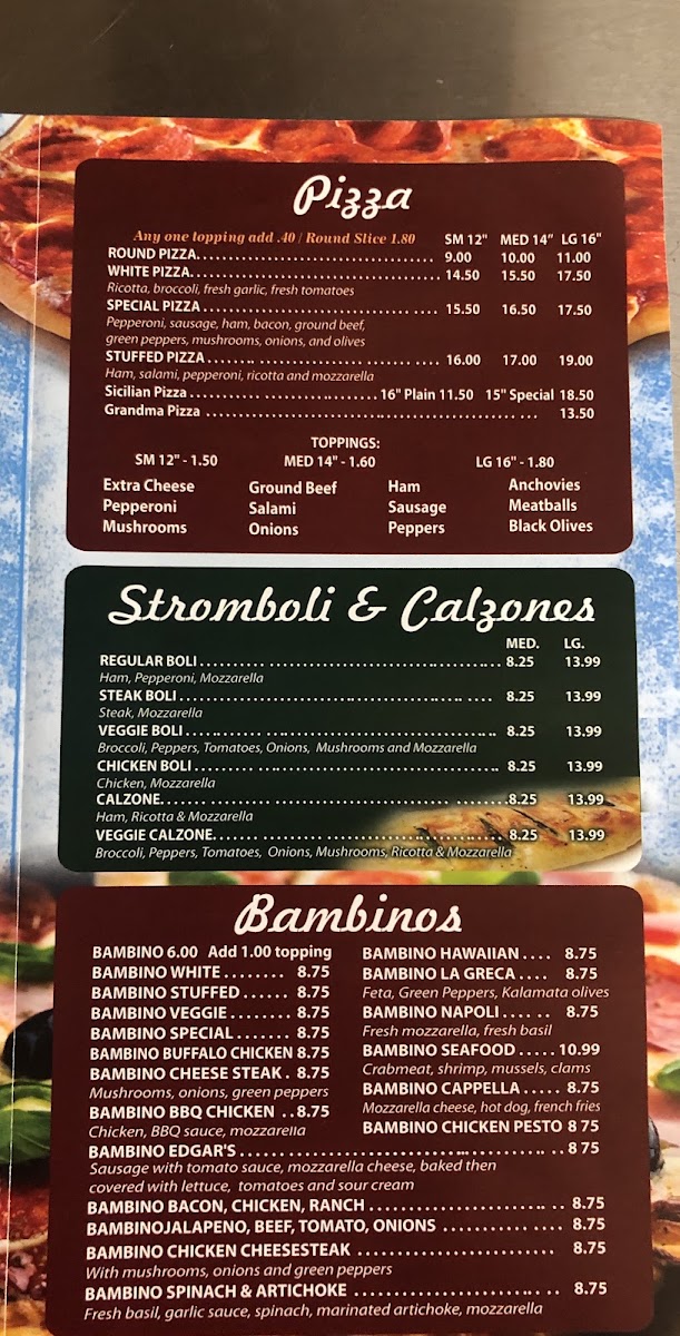 Miseno II Pizzeria & Italian menu board