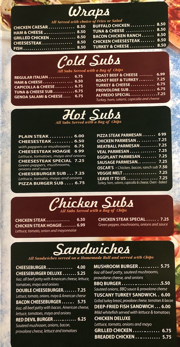 Miseno II Pizzeria & Italian menu board