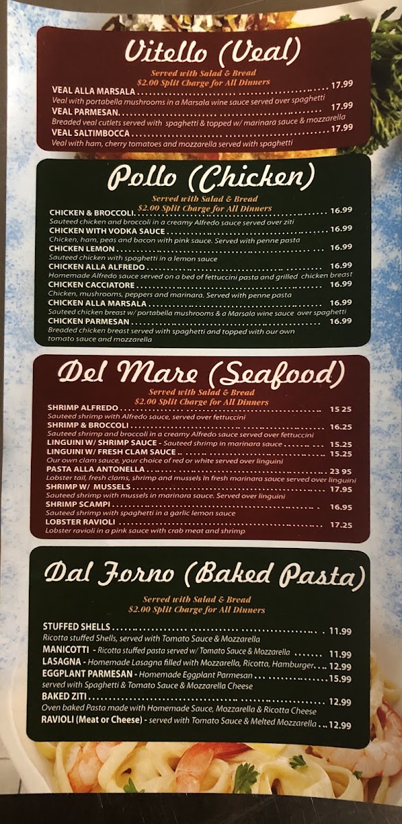 Miseno II Pizzeria & Italian menu board