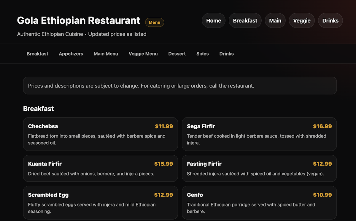 Gola Ethiopian Restaurant menu board