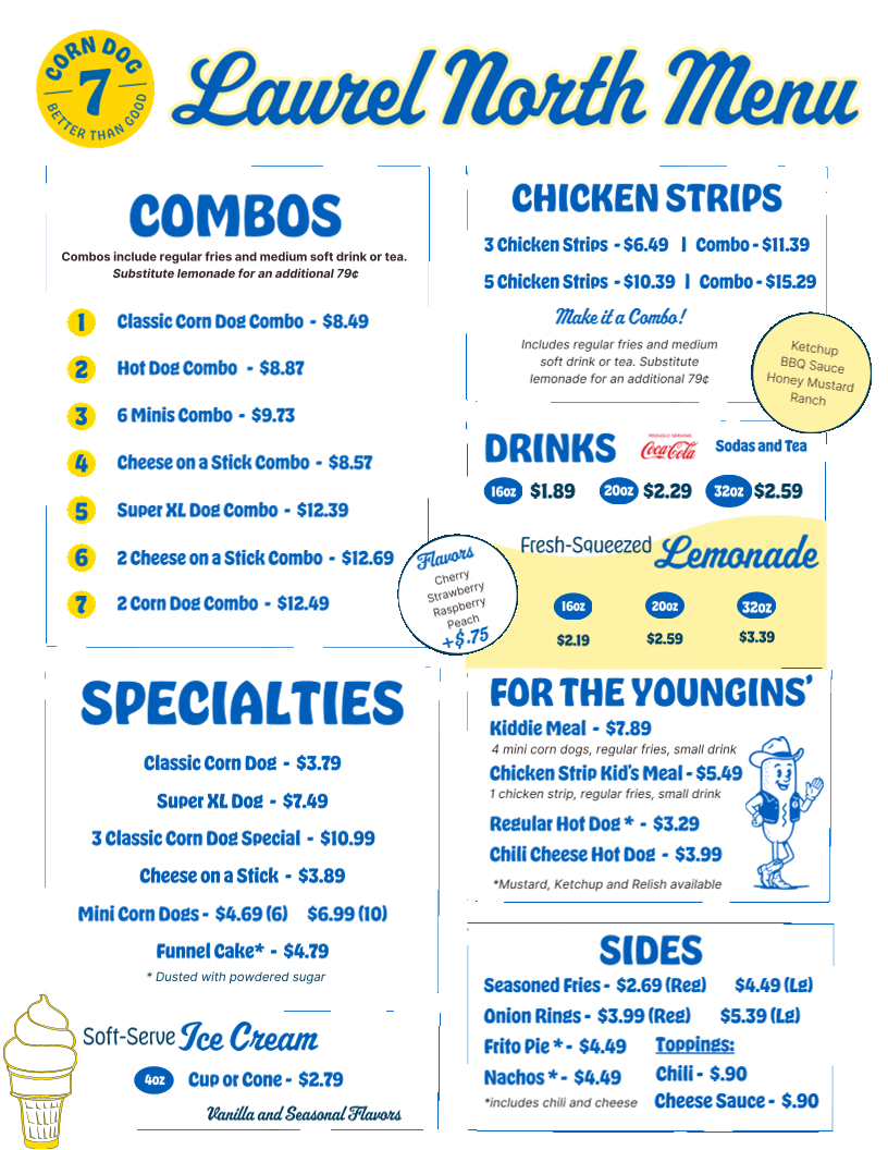 Corn Dog 7 - Laurel North menu board