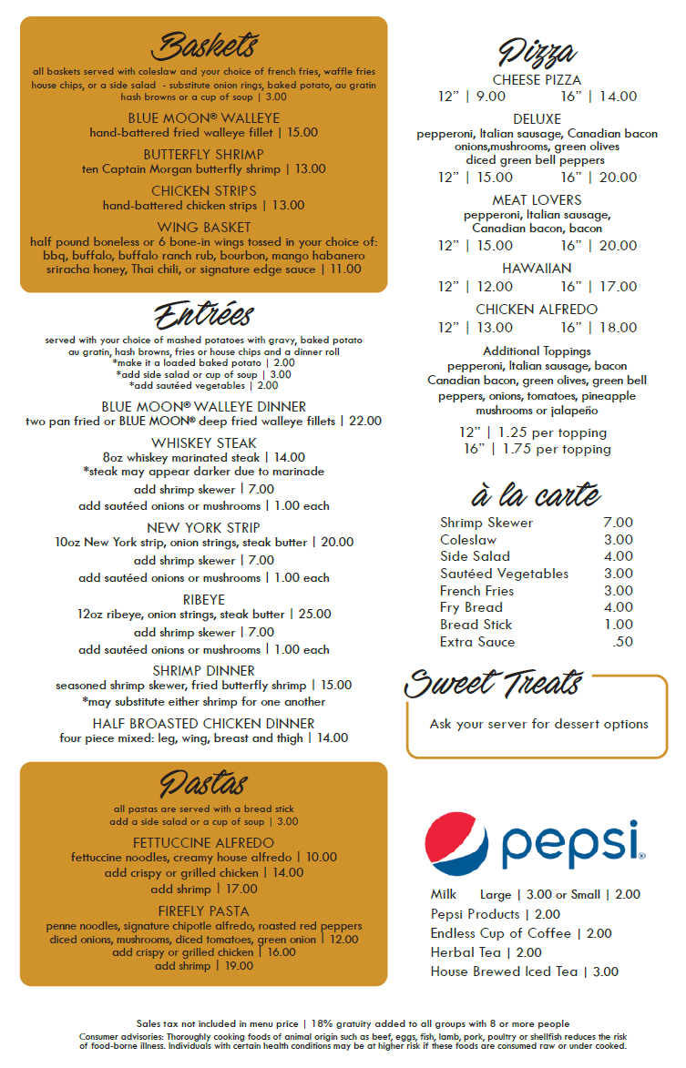 Firefly Bar &Grille menu board
