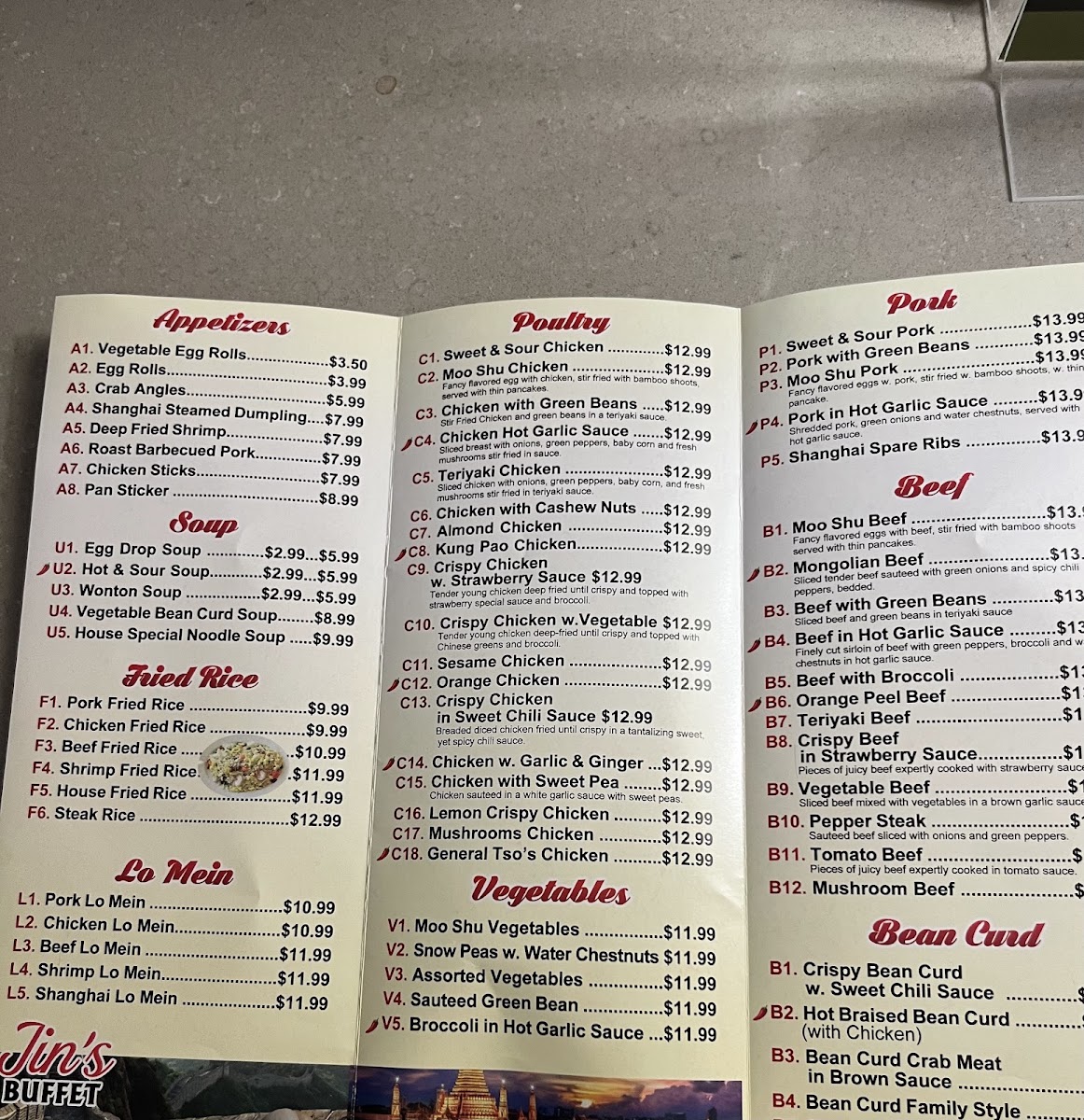 Jin's Buffet menu board