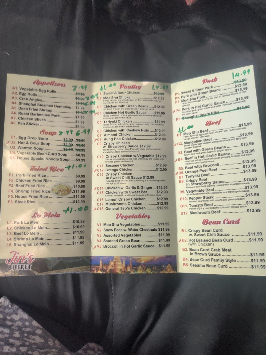 Jin's Buffet menu board