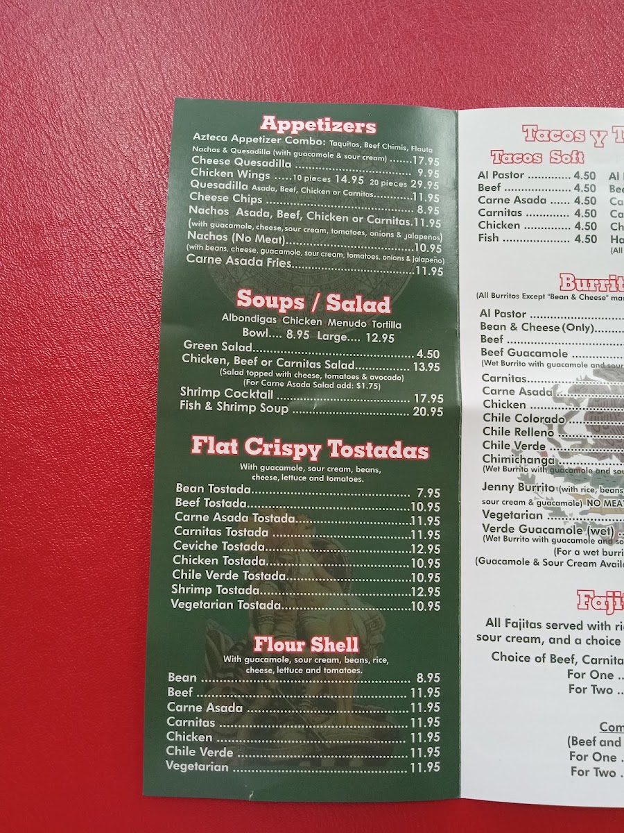 Azteca Restaurante menu board