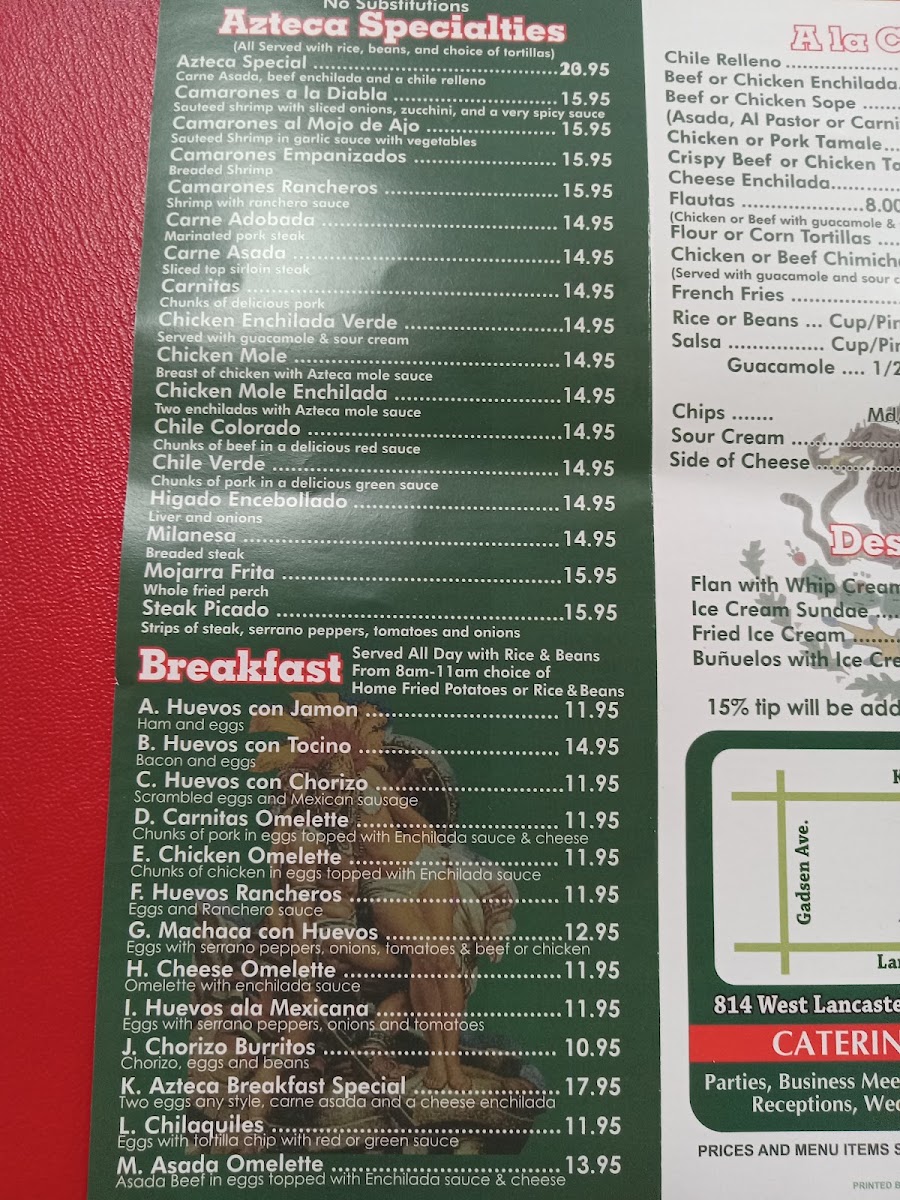Azteca Restaurante menu board