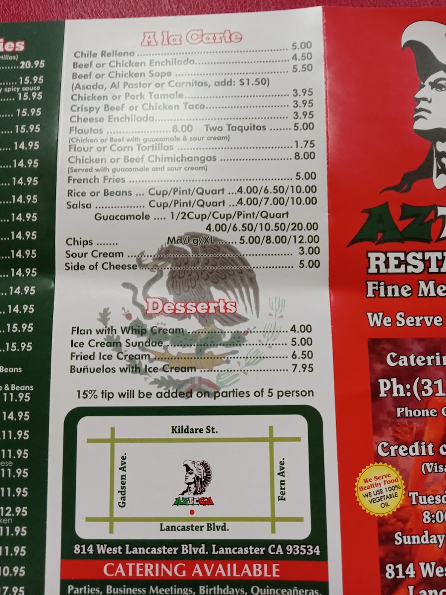 Azteca Restaurante menu board