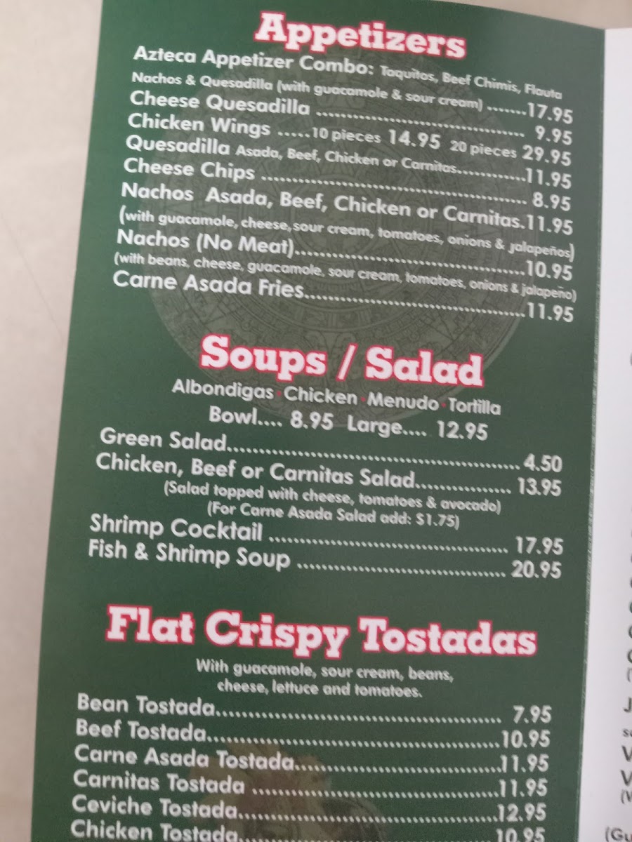 Azteca Restaurante menu board