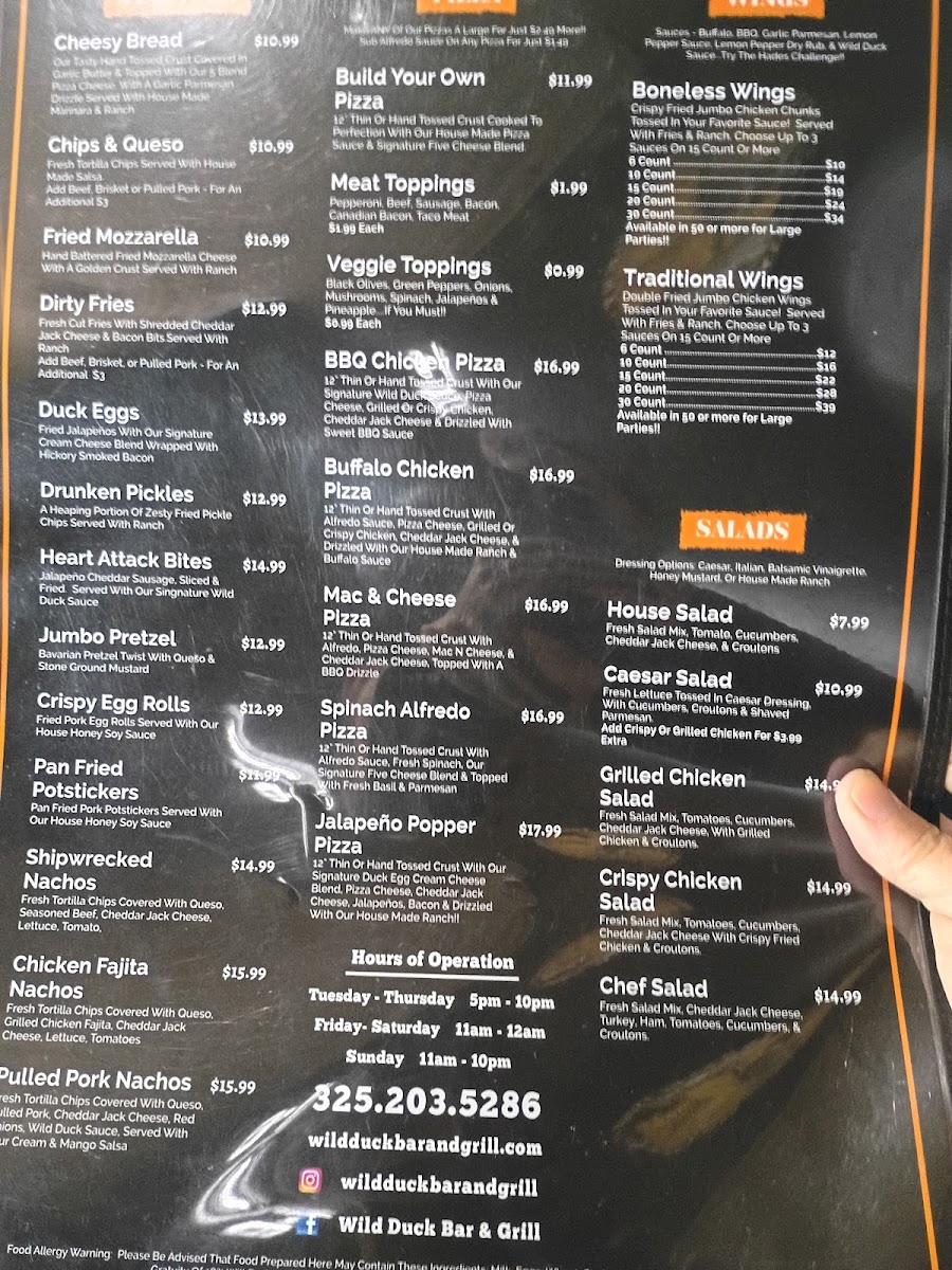 Wild Duck Bar & Grill menu board