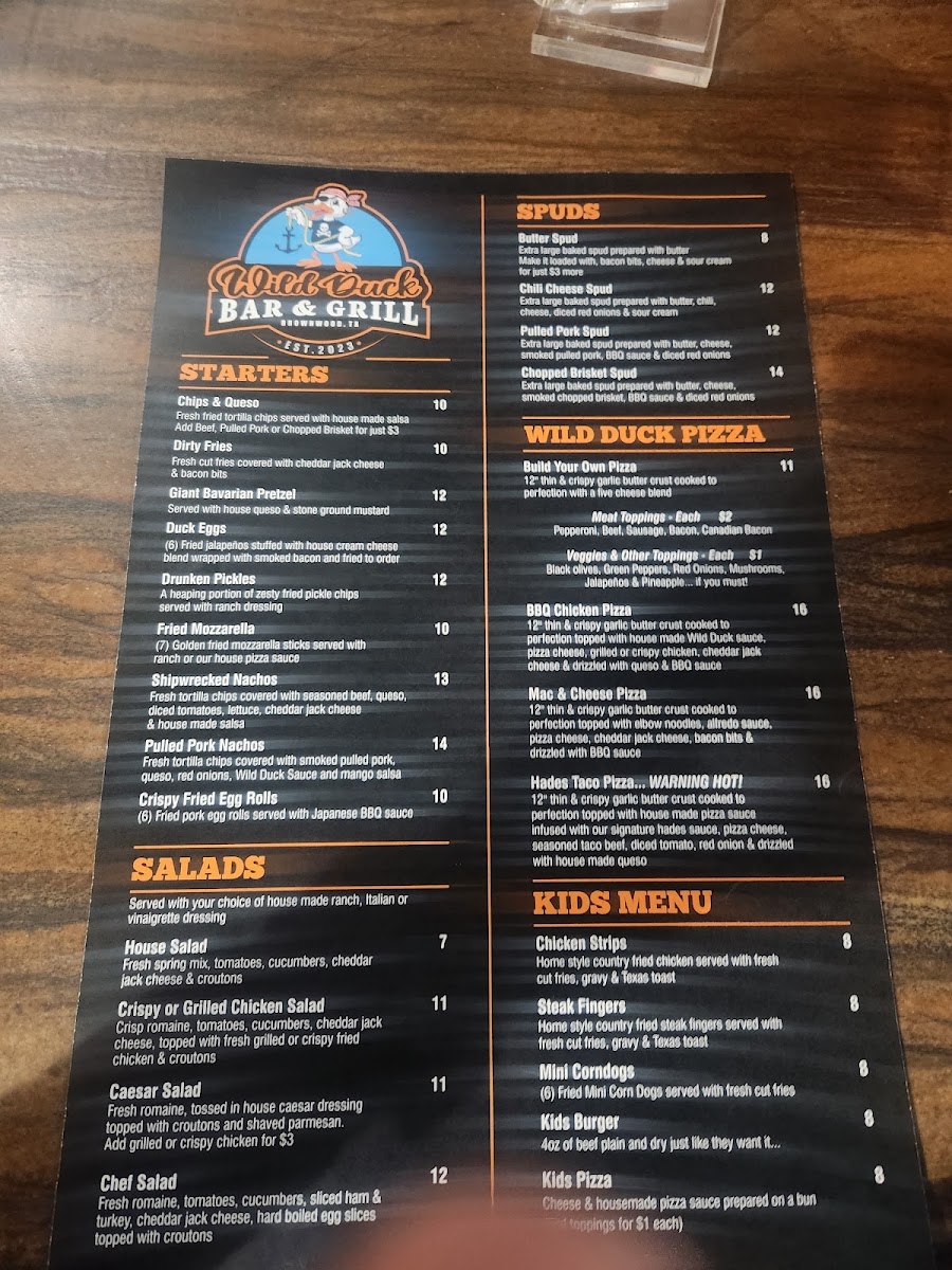 Wild Duck Bar & Grill menu board