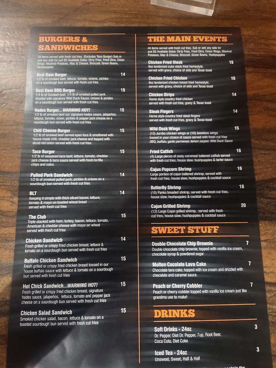 Wild Duck Bar & Grill menu board