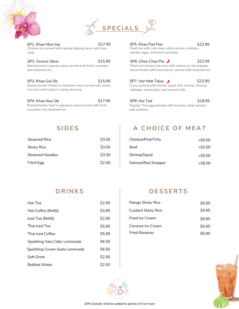The Groove Thai Food menu board