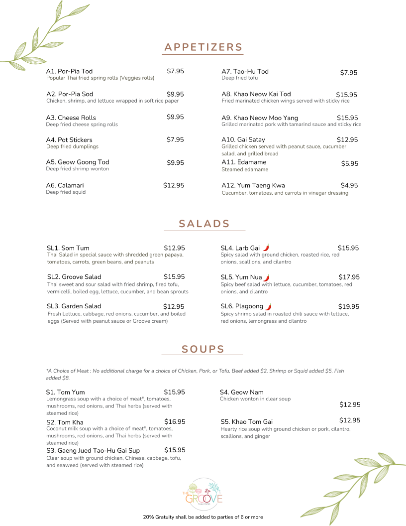 The Groove Thai Food menu board