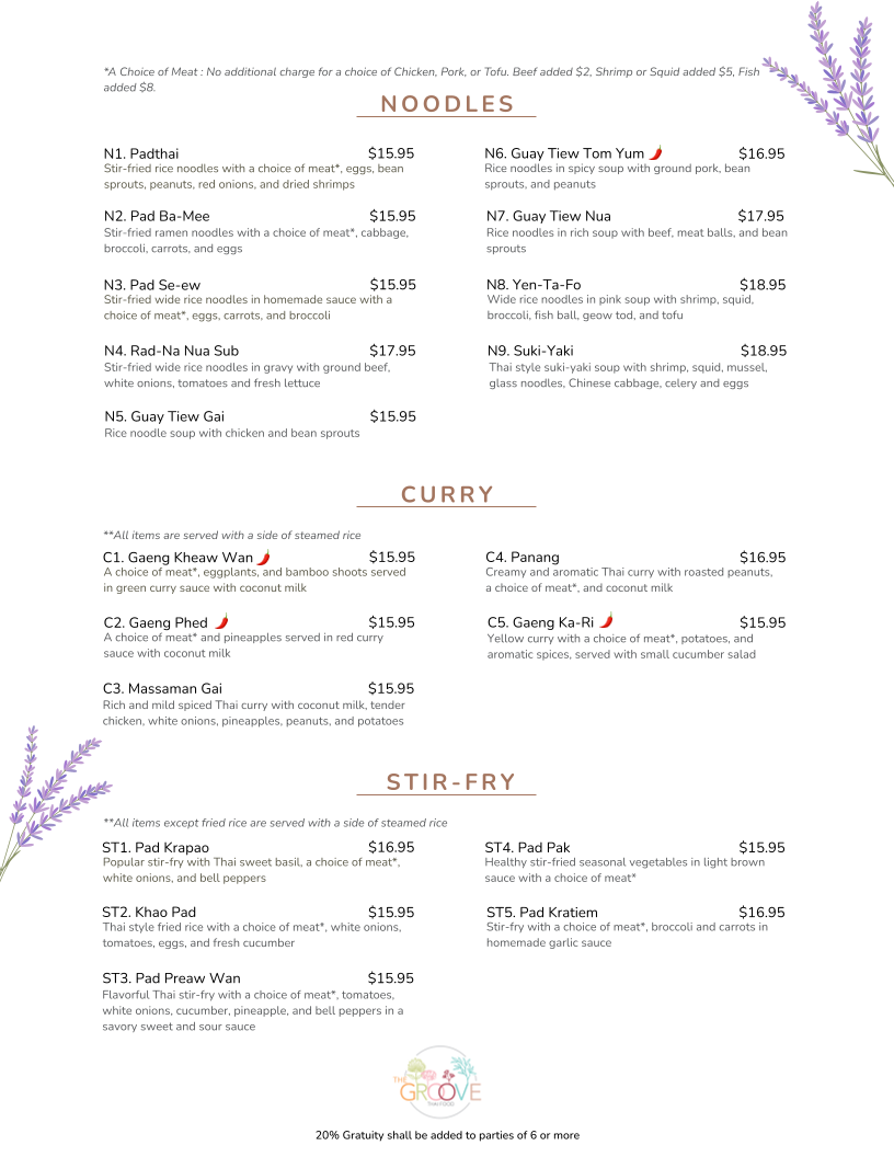 The Groove Thai Food menu board