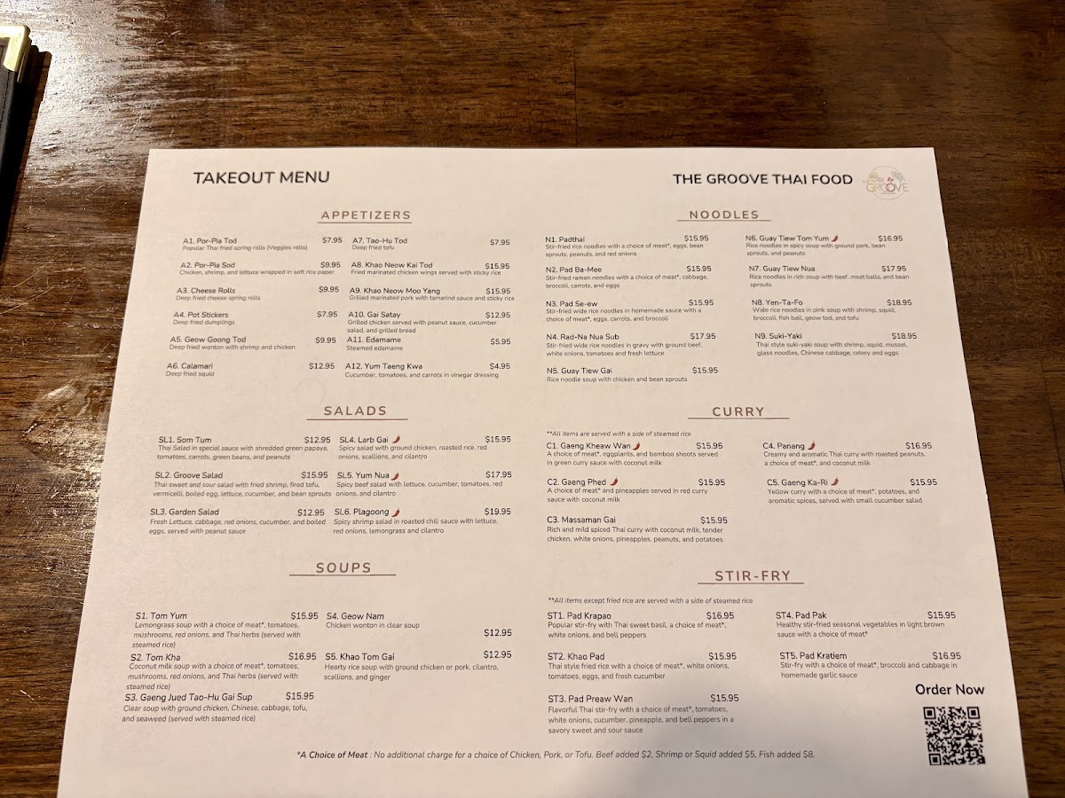 The Groove Thai Food menu board