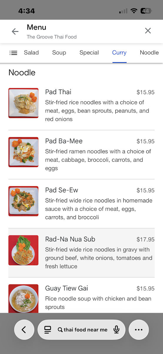 The Groove Thai Food menu board