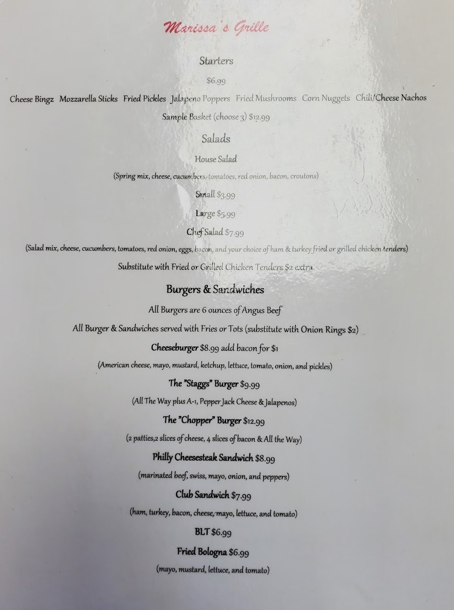 Marissa's Grille menu board