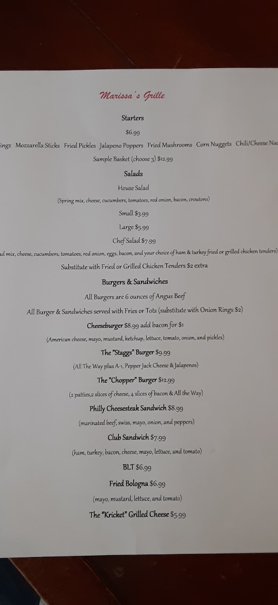 Marissa's Grille menu board
