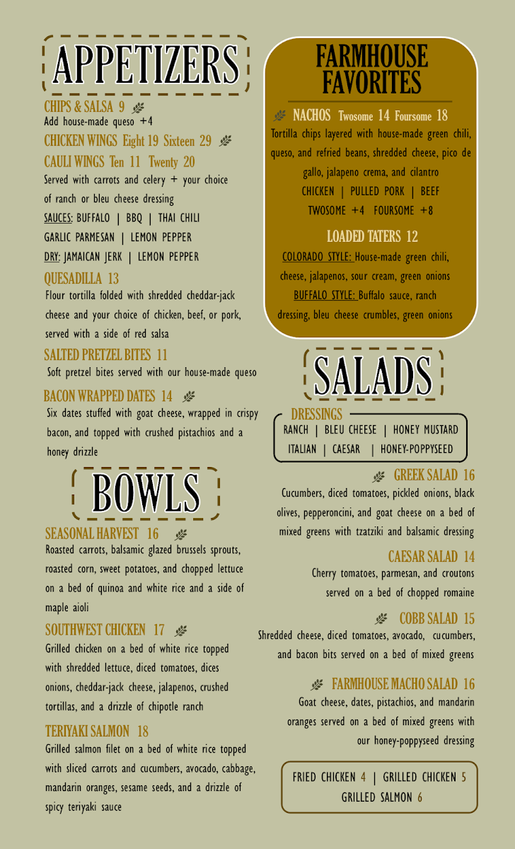 The Farmhouse Grill at Raccoon Creek menu board