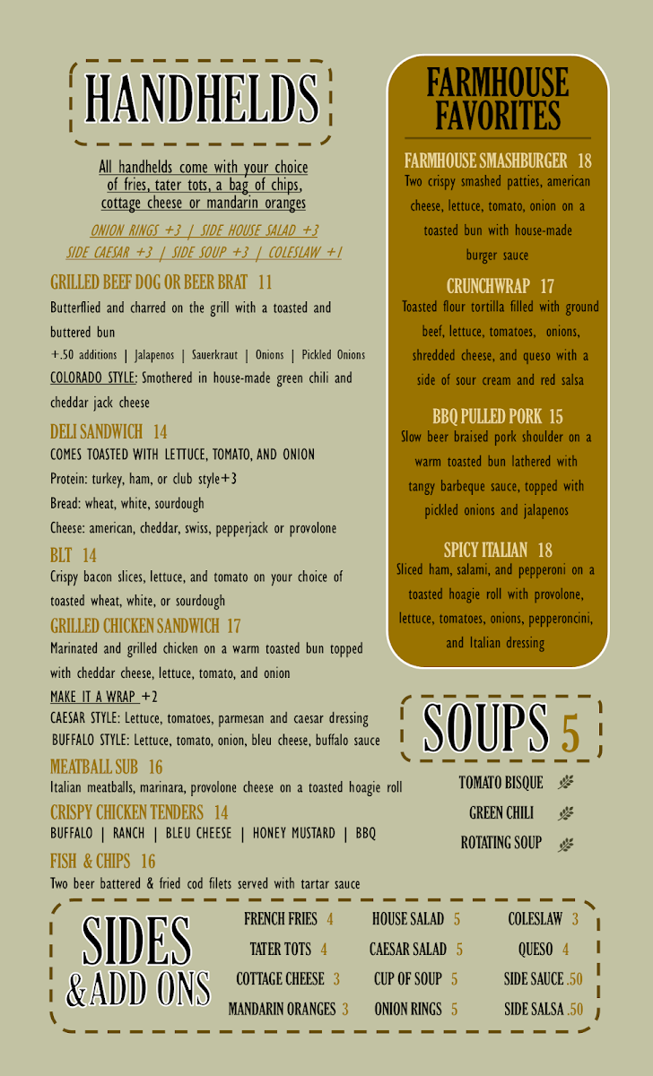 The Farmhouse Grill at Raccoon Creek menu board