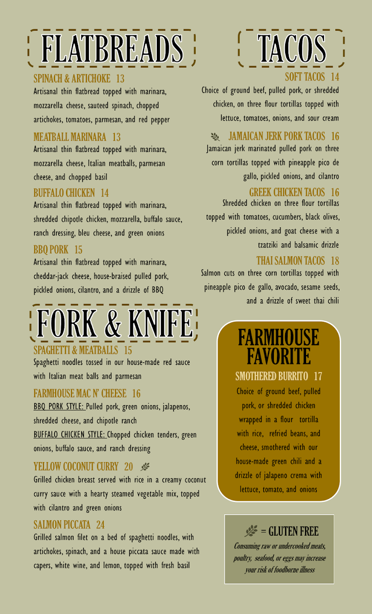 The Farmhouse Grill at Raccoon Creek menu board