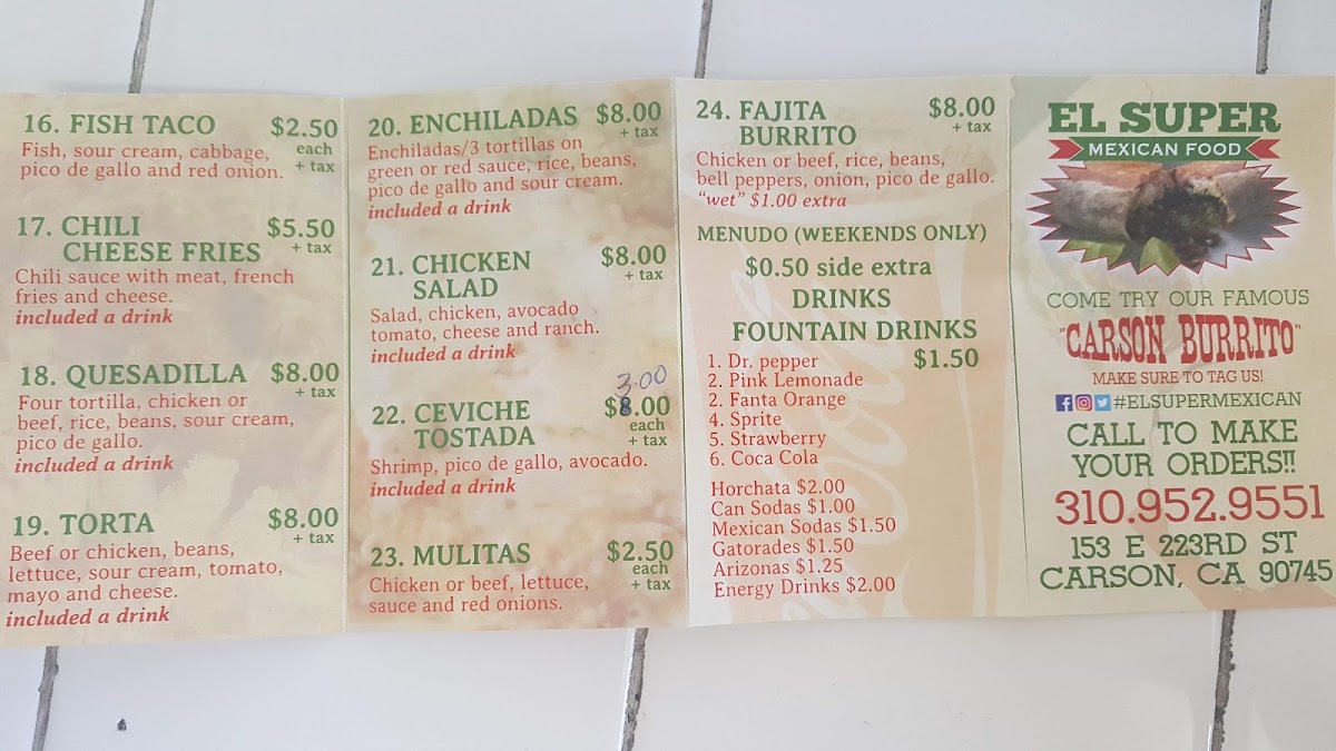 El Super Mexican food menu board