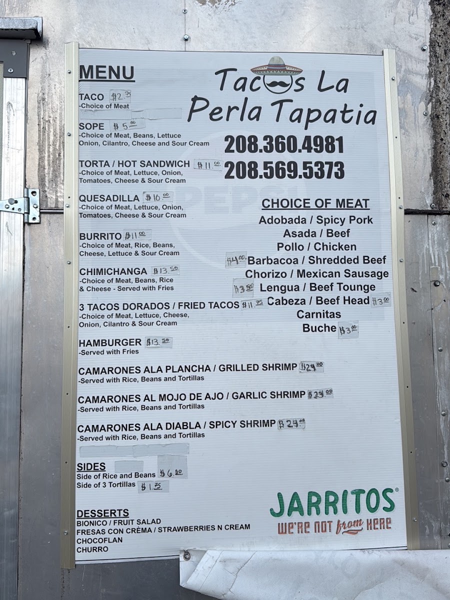 Tacos La Perla Tapatia Mexican Food menu board