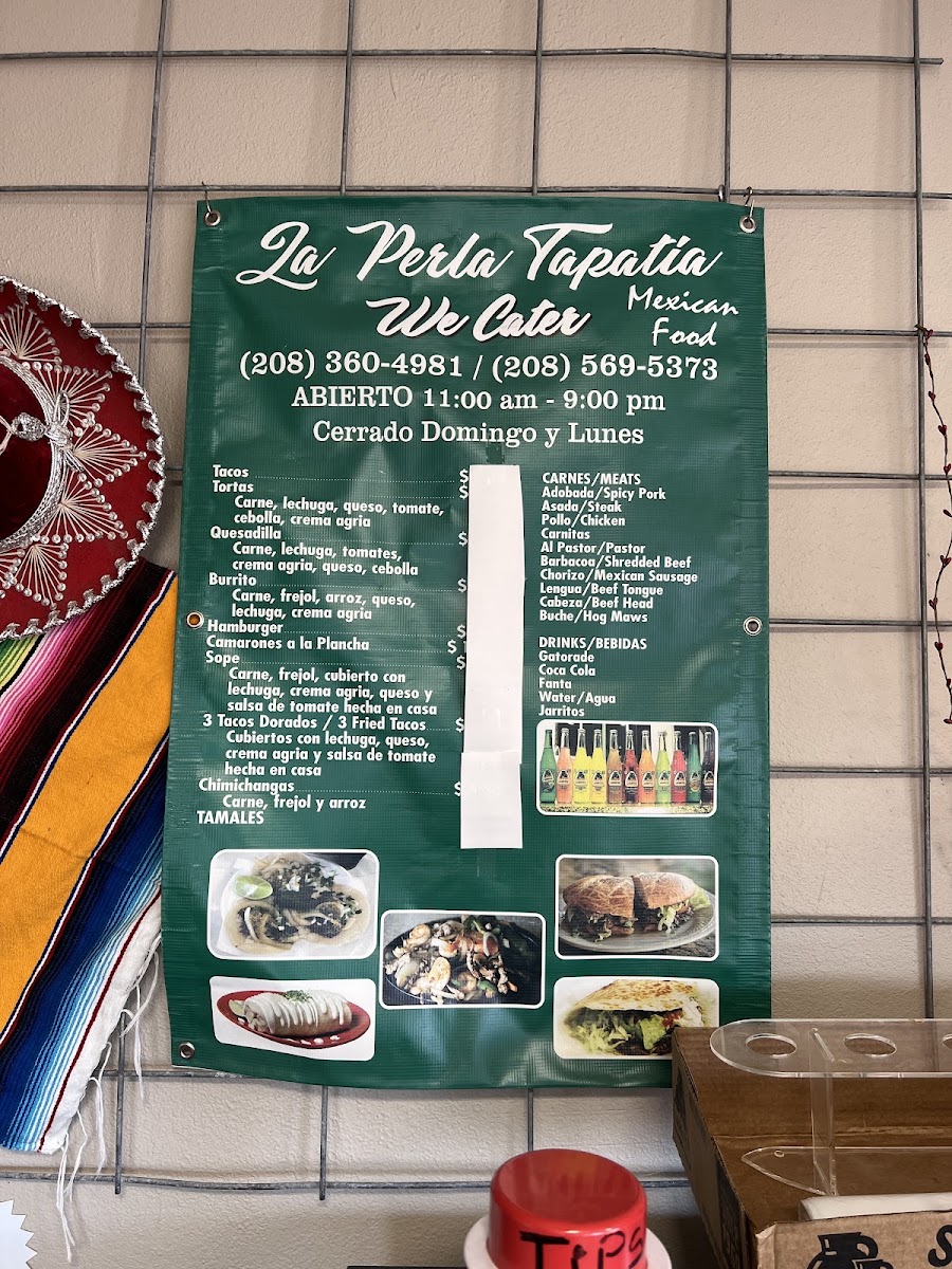 Tacos La Perla Tapatia Mexican Food menu board