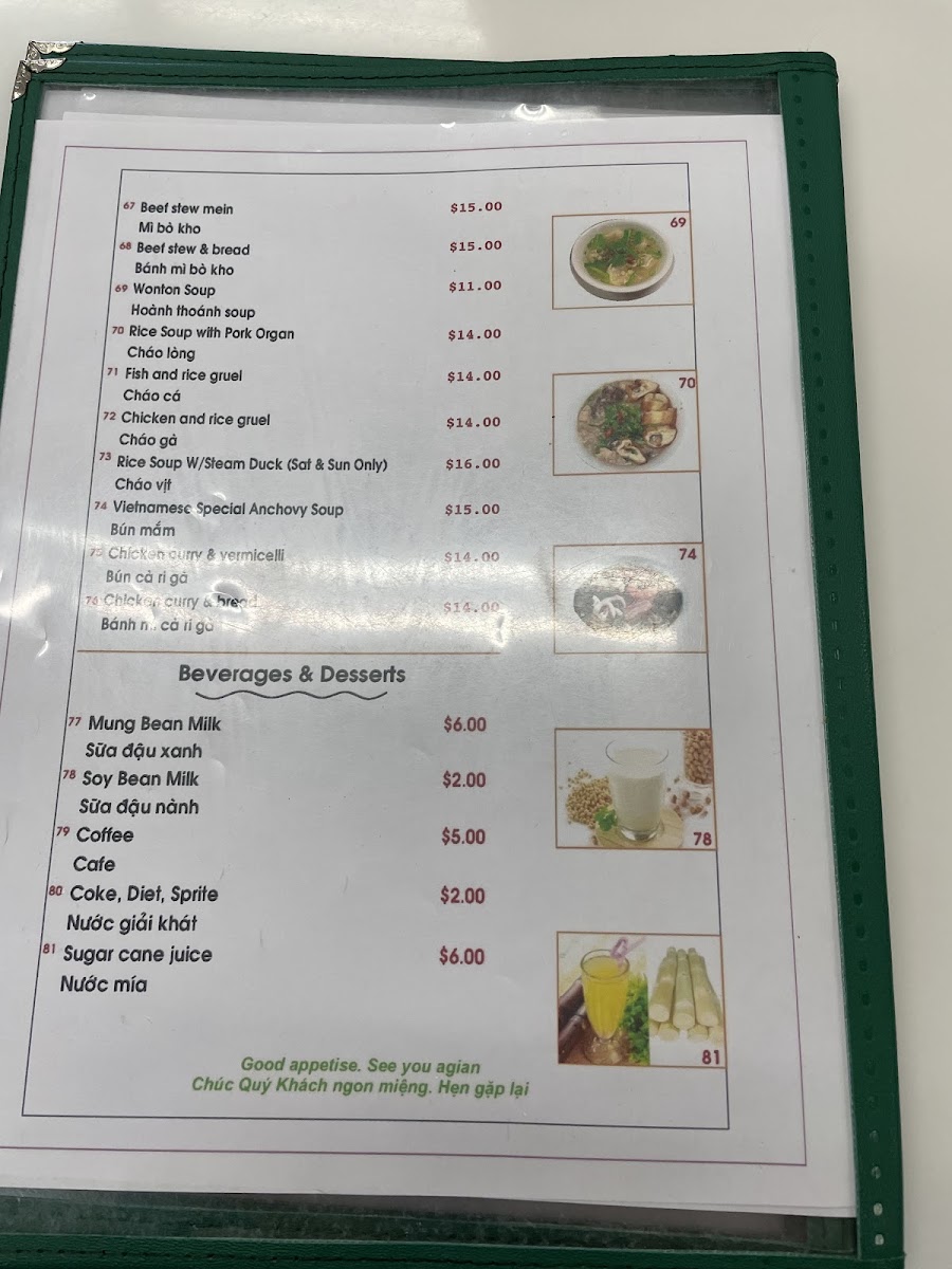 Anh Hong Restaurant menu board