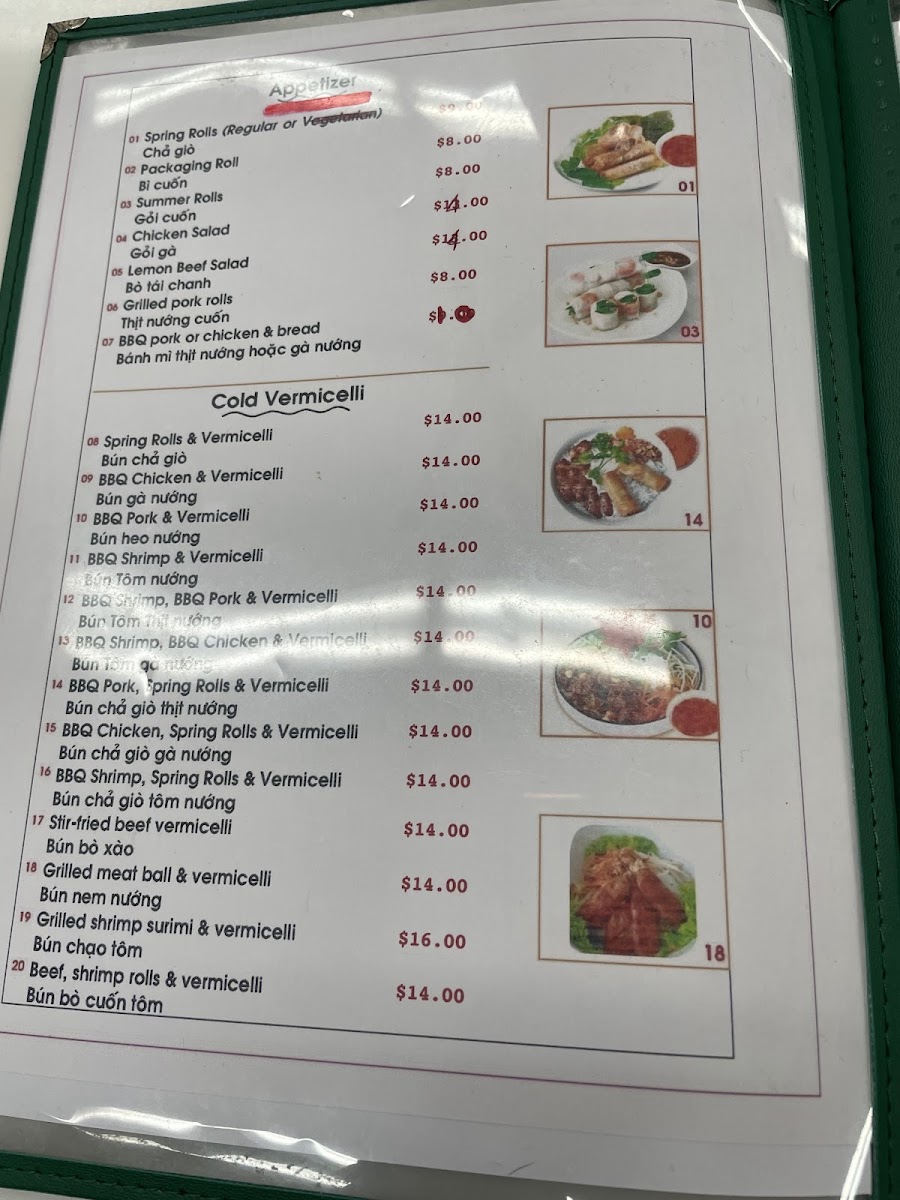 Anh Hong Restaurant menu board