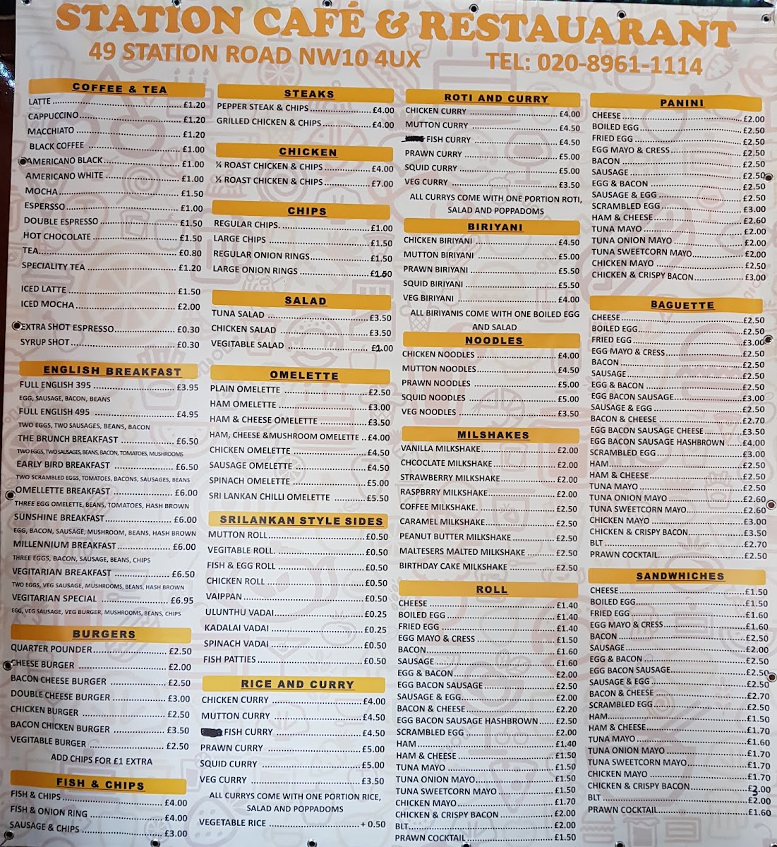 Station Cafe & Restaurant menu board