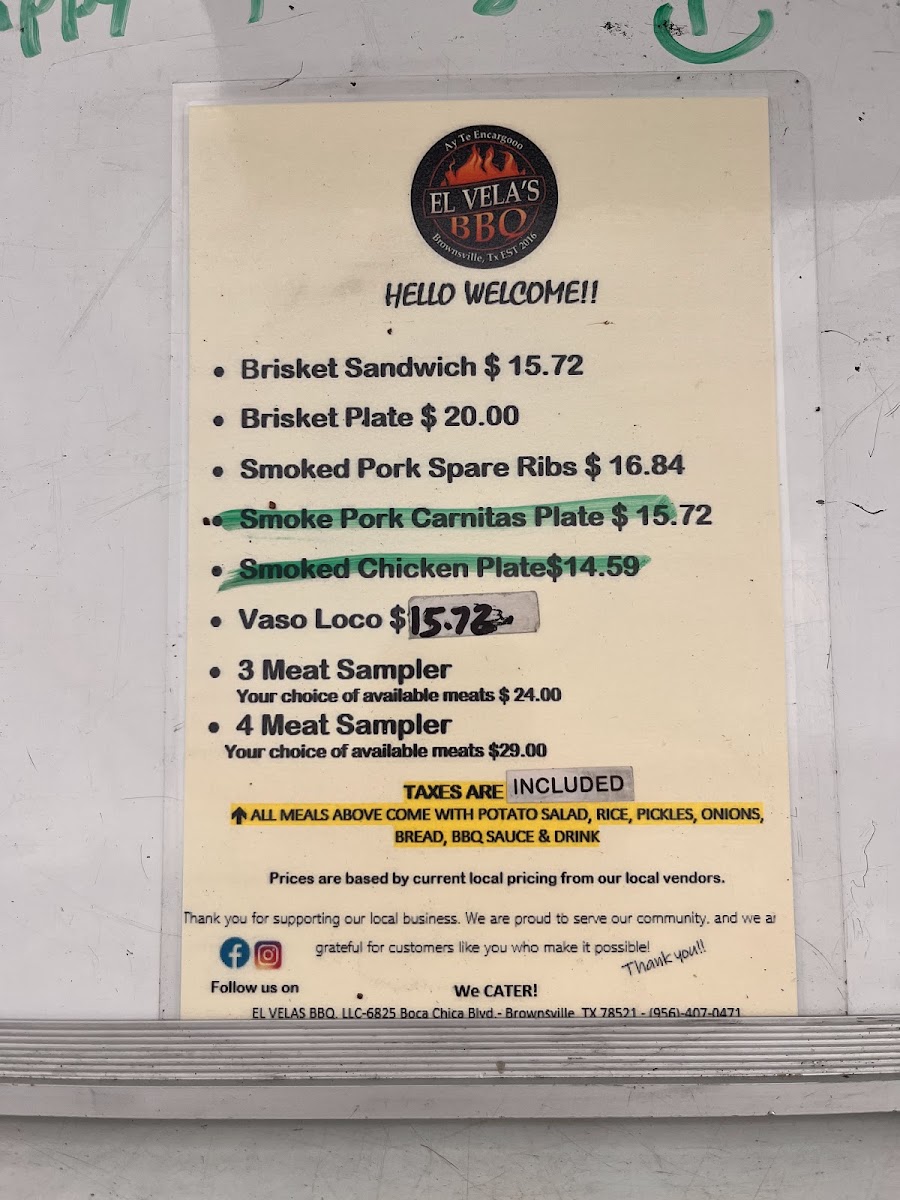 El Vela's Bbq menu board