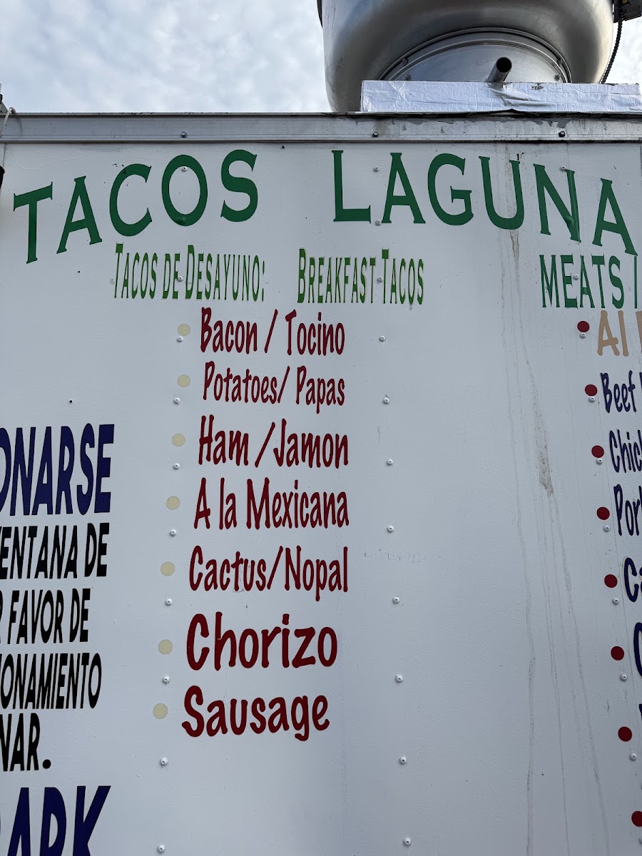 Tacos Laguna menu board