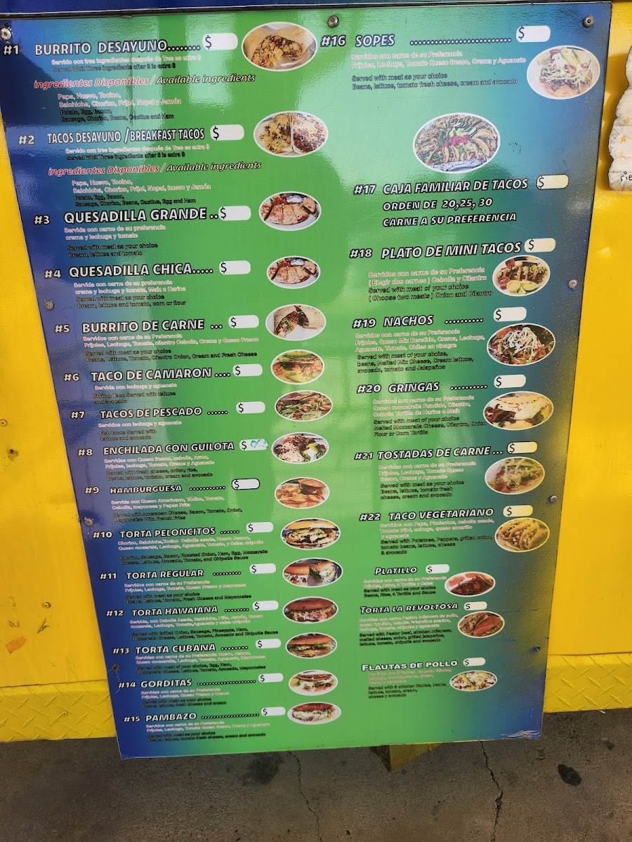 Taqueria Peloncitos menu board
