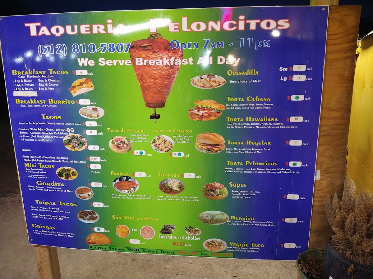 Taqueria Peloncitos menu board