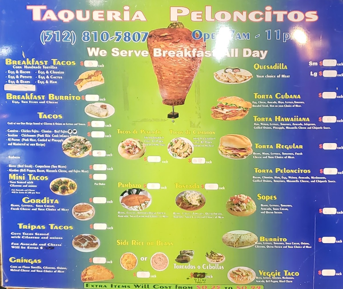 Taqueria Peloncitos menu board
