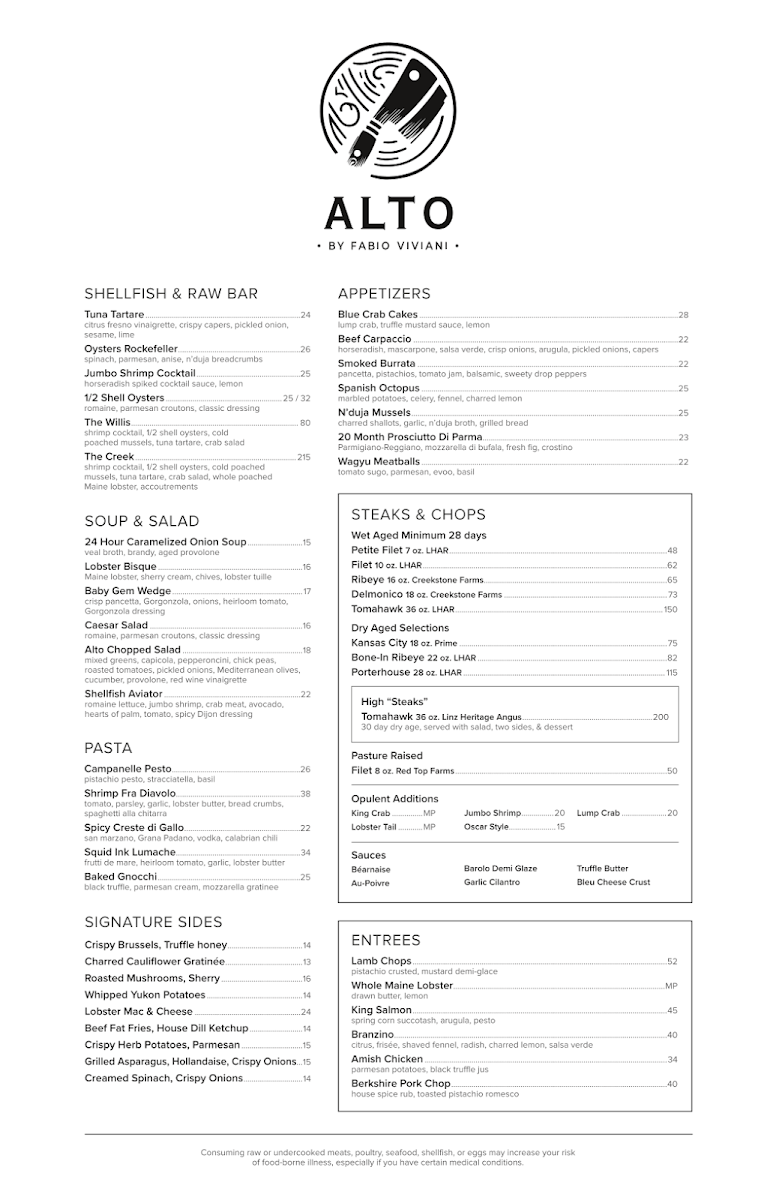 Alto Steakhouse menu board