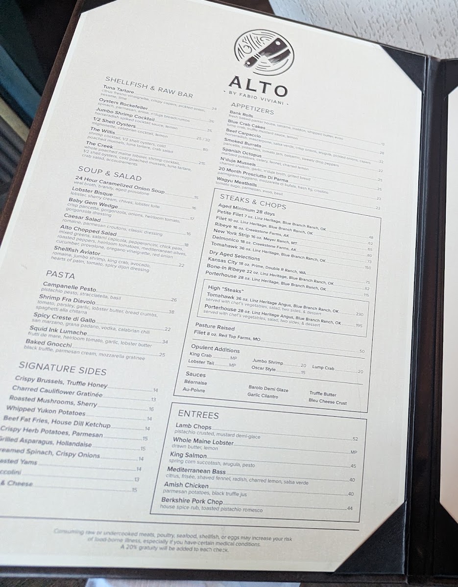 Alto Steakhouse menu board
