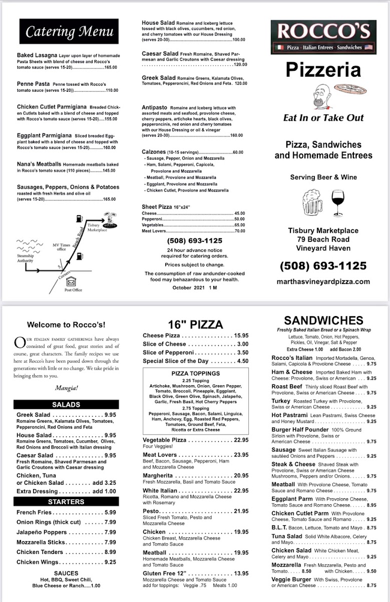 Rocco's Pizzeria menu board