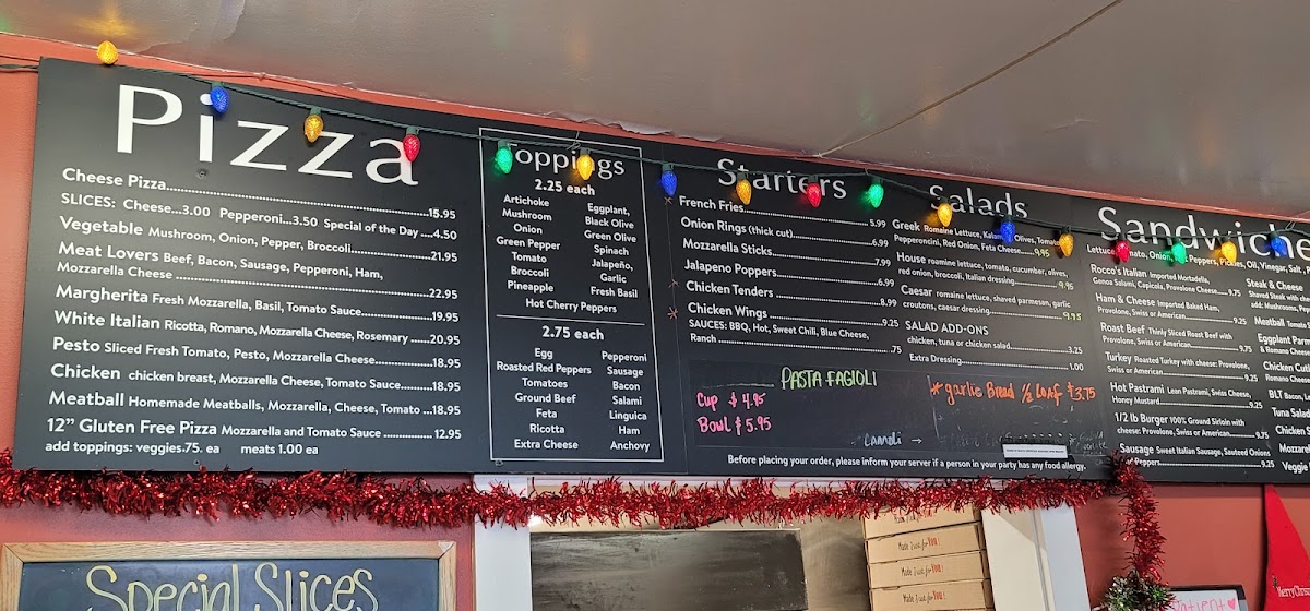 Rocco's Pizzeria menu board