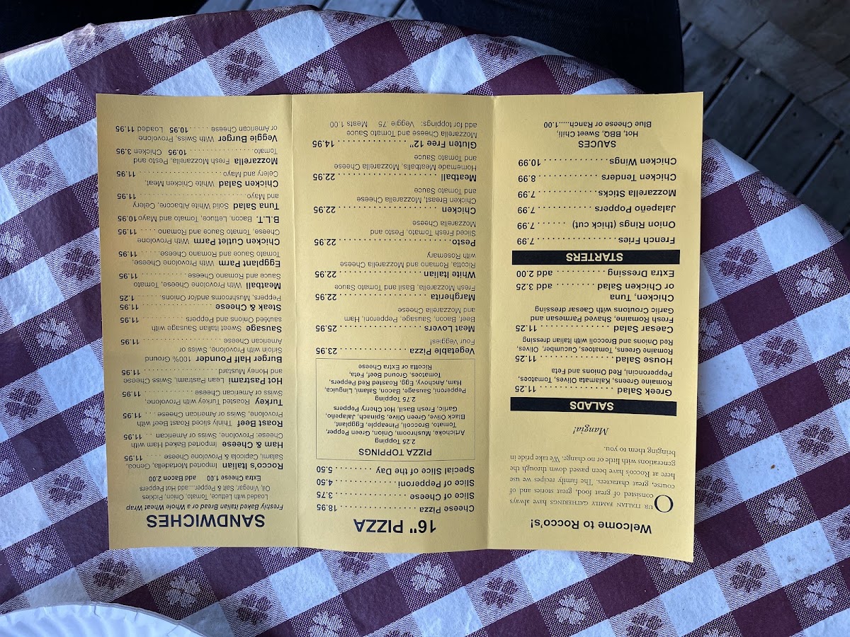 Rocco's Pizzeria menu board