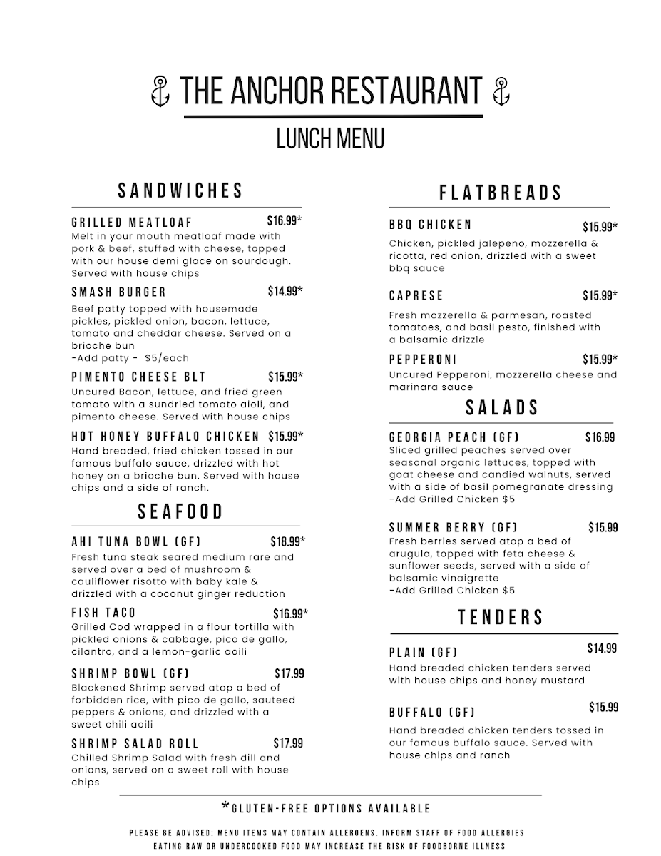 The Anchor Restaurant at Beaverdam Marina menu board