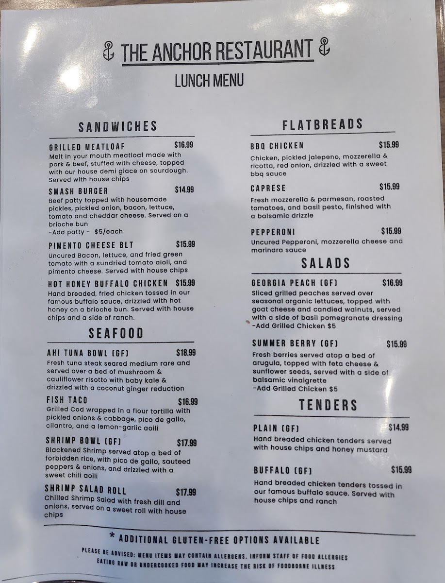 The Anchor Restaurant at Beaverdam Marina menu board