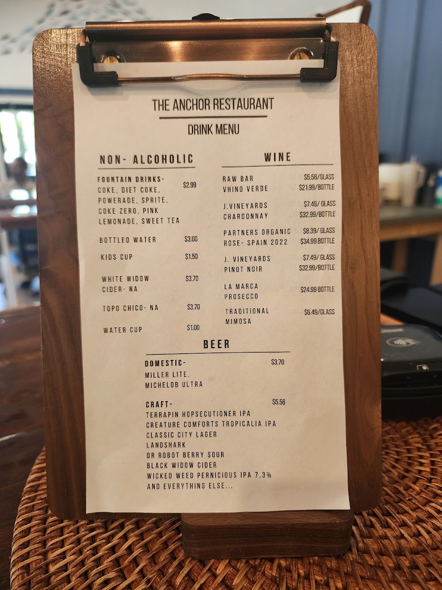 The Anchor Restaurant at Beaverdam Marina menu board
