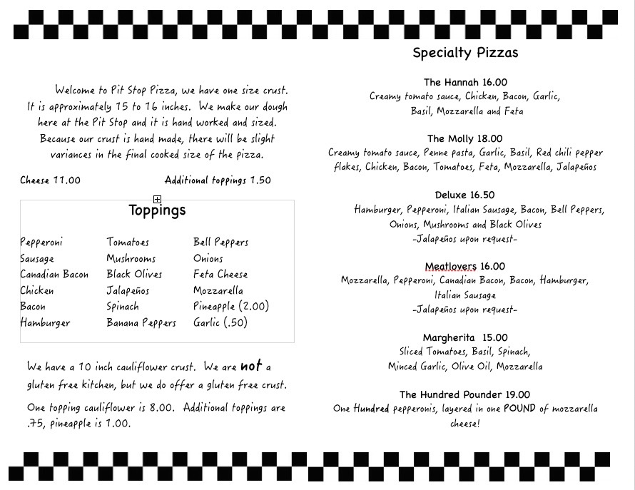 Pit Stop Pizza menu board