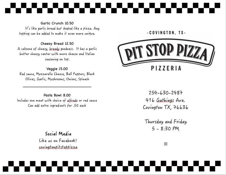 Pit Stop Pizza menu board