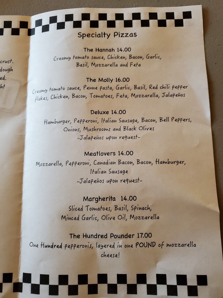 Pit Stop Pizza menu board