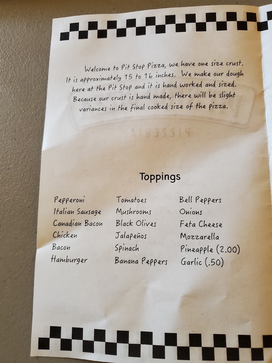 Pit Stop Pizza menu board